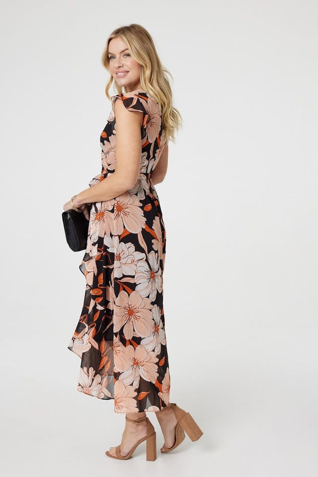 Izabel London Izabel London Women's Floral Frill Asymmetric Wrap Midi Dress in Black - 3