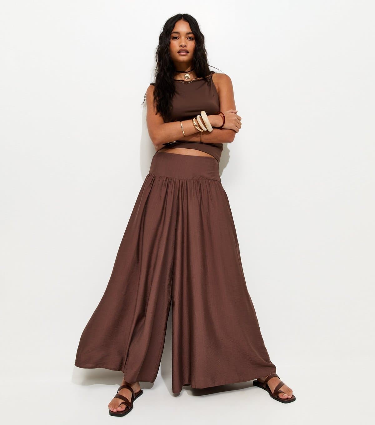 New Look Women's Dark Brown Wide Leg Palazzo Trousers New Look