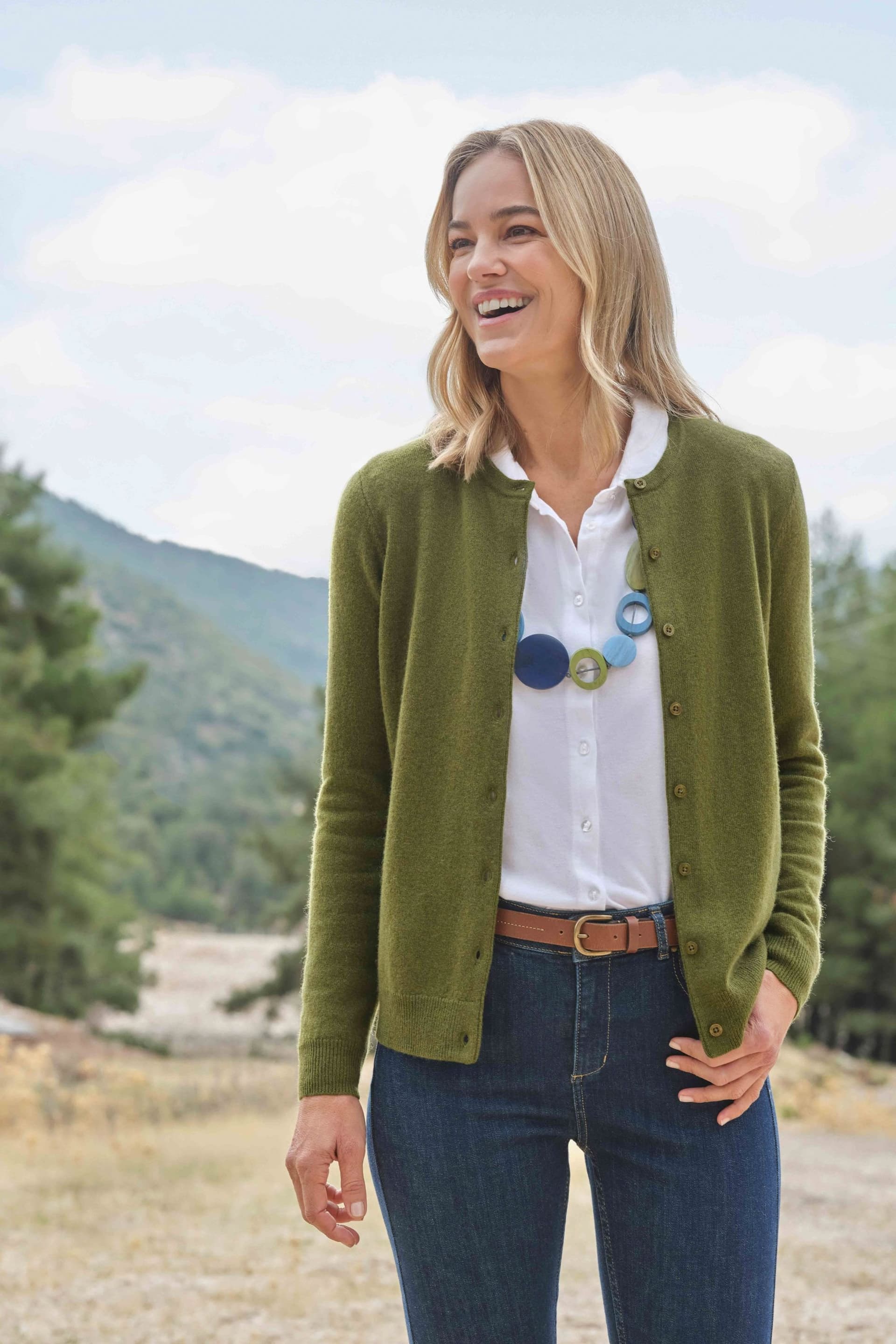 WoolOvers WoolOvers Women's Cashmere Merino Crew Neck Cardigan in Khaki