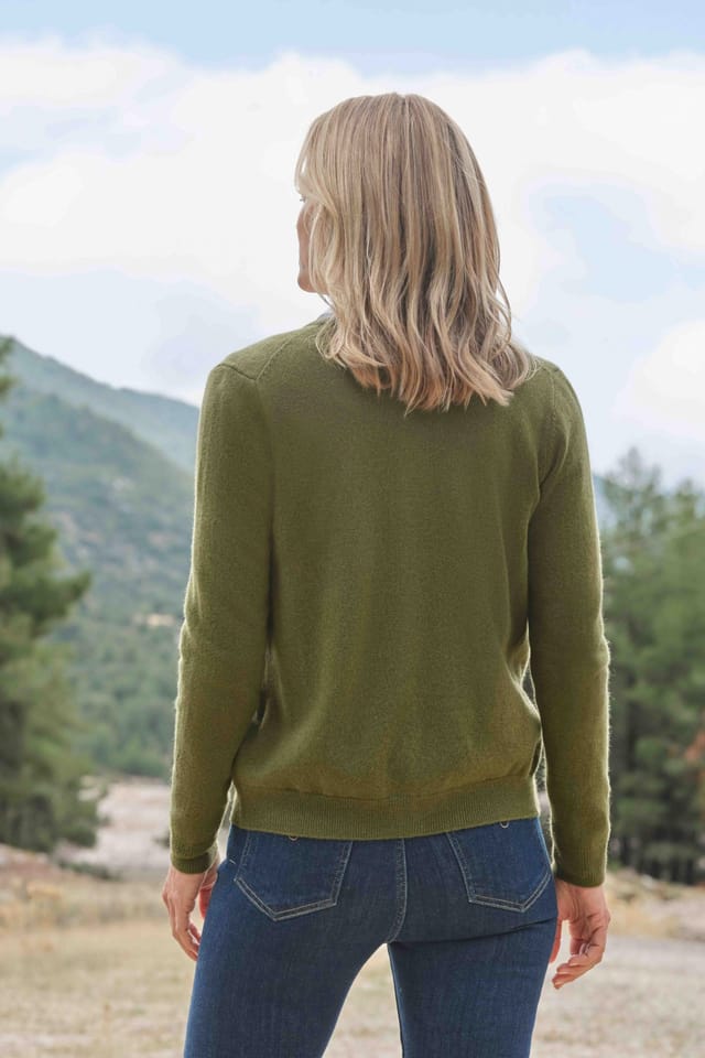 WoolOvers WoolOvers Women's Cashmere Merino Crew Neck Cardigan in Khaki - 3