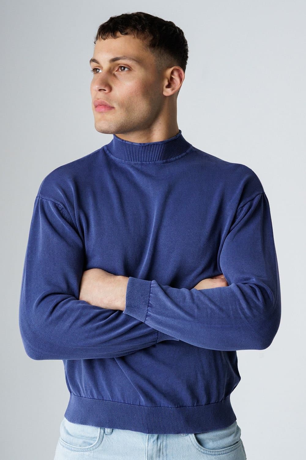 Influence Influence Men's Cotton Acid Wash High Neck Long Sleeve Knit Jumper in Navy