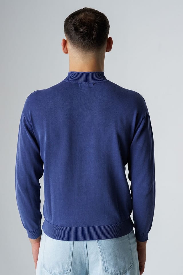 Influence Influence Men's Cotton Acid Wash High Neck Long Sleeve Knit Jumper in Navy - 2