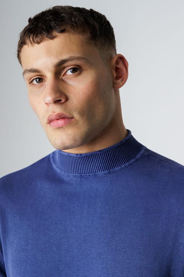 Influence Influence Men's Cotton Acid Wash High Neck Long Sleeve Knit Jumper in Navy - 3