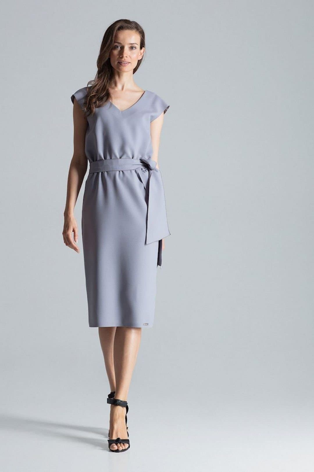 Love Lace Love Lace Women's Grey V Neck Midi Dress with Elastic Waist Belt