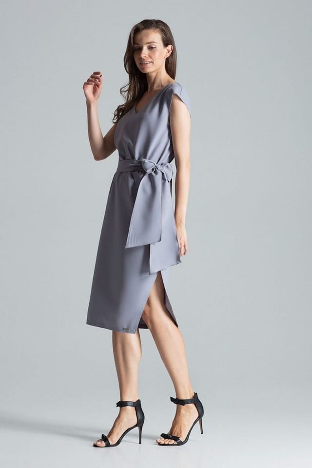Love Lace Love Lace Women's Grey V Neck Midi Dress with Elastic Waist Belt - 2