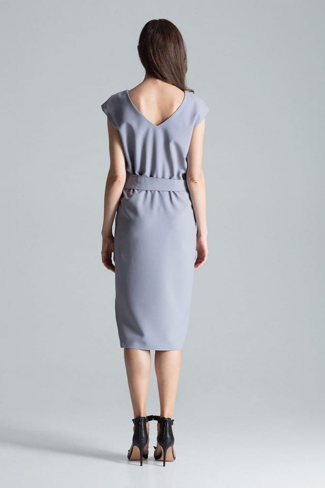 Love Lace Love Lace Women's Grey V Neck Midi Dress with Elastic Waist Belt - 3