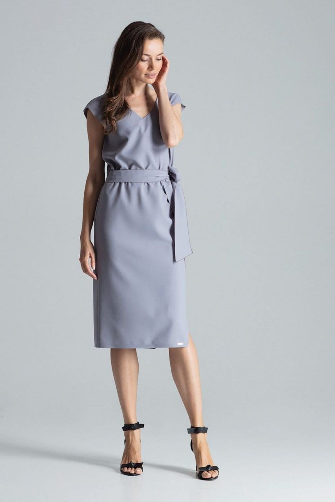 Love Lace Love Lace Women's Grey V Neck Midi Dress with Elastic Waist Belt - 4