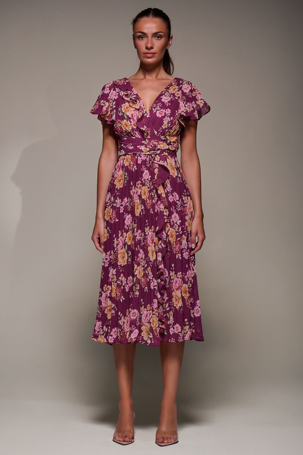 Jolie Moi Jolie Moi Women's Printed Ruffle Detail Pleated Chiffon Midi Dress in Fuchsia - 3