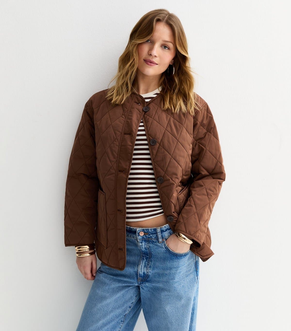 New Look Women's Mid Brown Longline Quilted Jacket New Look