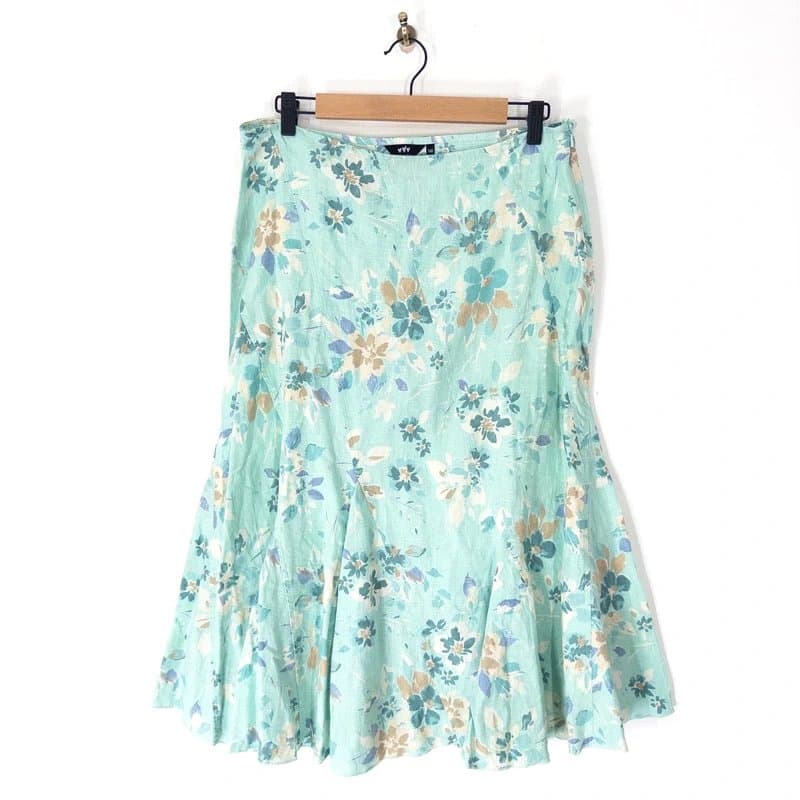 Per Una M&S Per Una Linen Midi Skirt Size 14L  Light Blue Floral Vintage Trumpet Flare