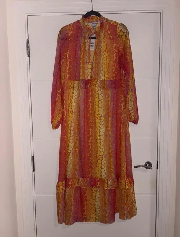 Never Fully Dressed Never Fully Dressed Orange Pink Pebble Long Sleeve Midaxi Ombre Dress Size 10 wedding guest