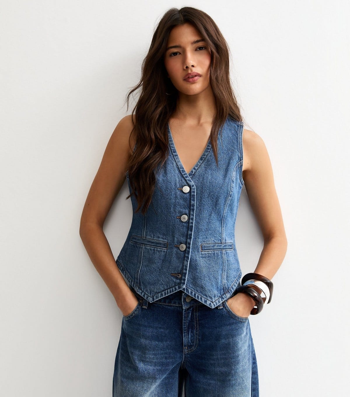 New Look Blue Denim V-Neck Sleeveless Waistcoat