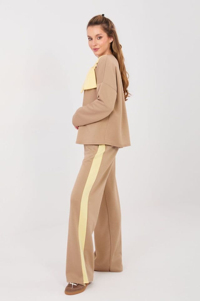 Love Lace Love Lace Women's Bow Detail Wide Leg Casual Tracksuit Set in Beige - 3