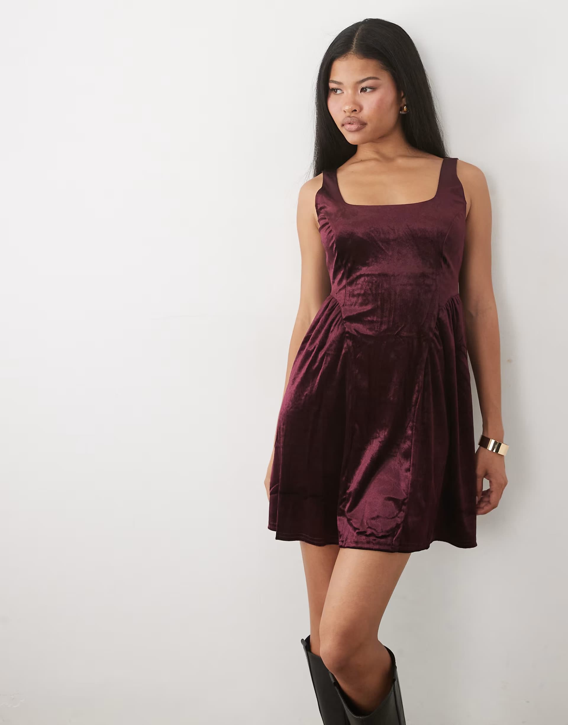 ASOS New Look Petite square neck velvet skater mini dress in burgundy