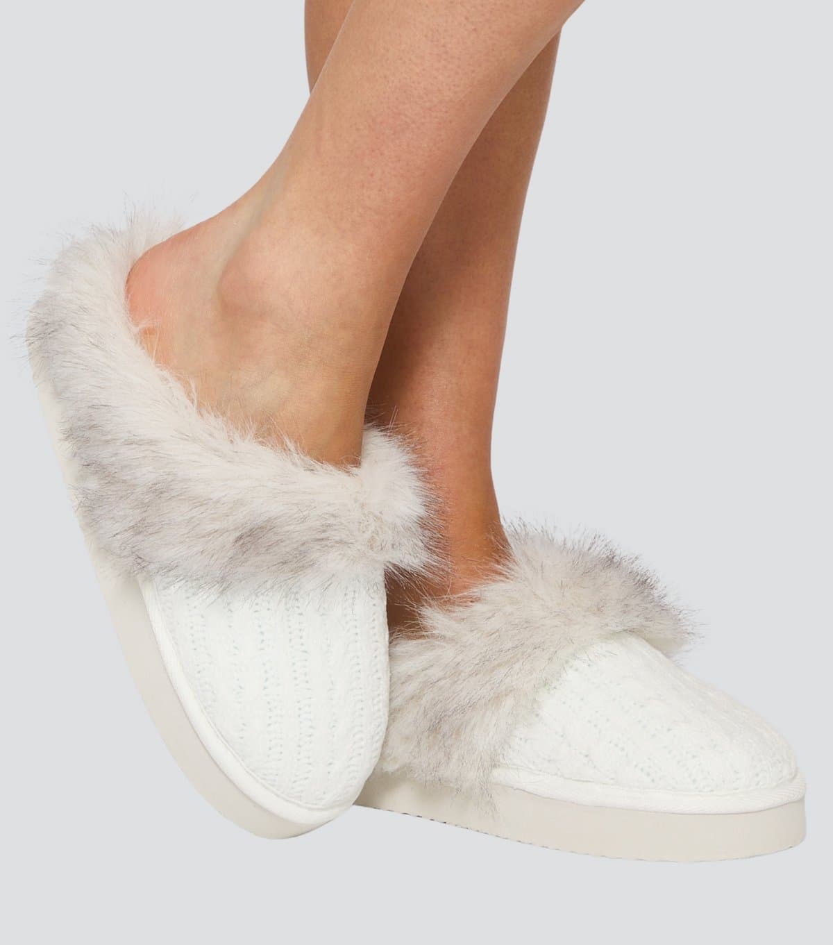 Loungeable Loungeable White Cable Knit Slippers with Fur Trim