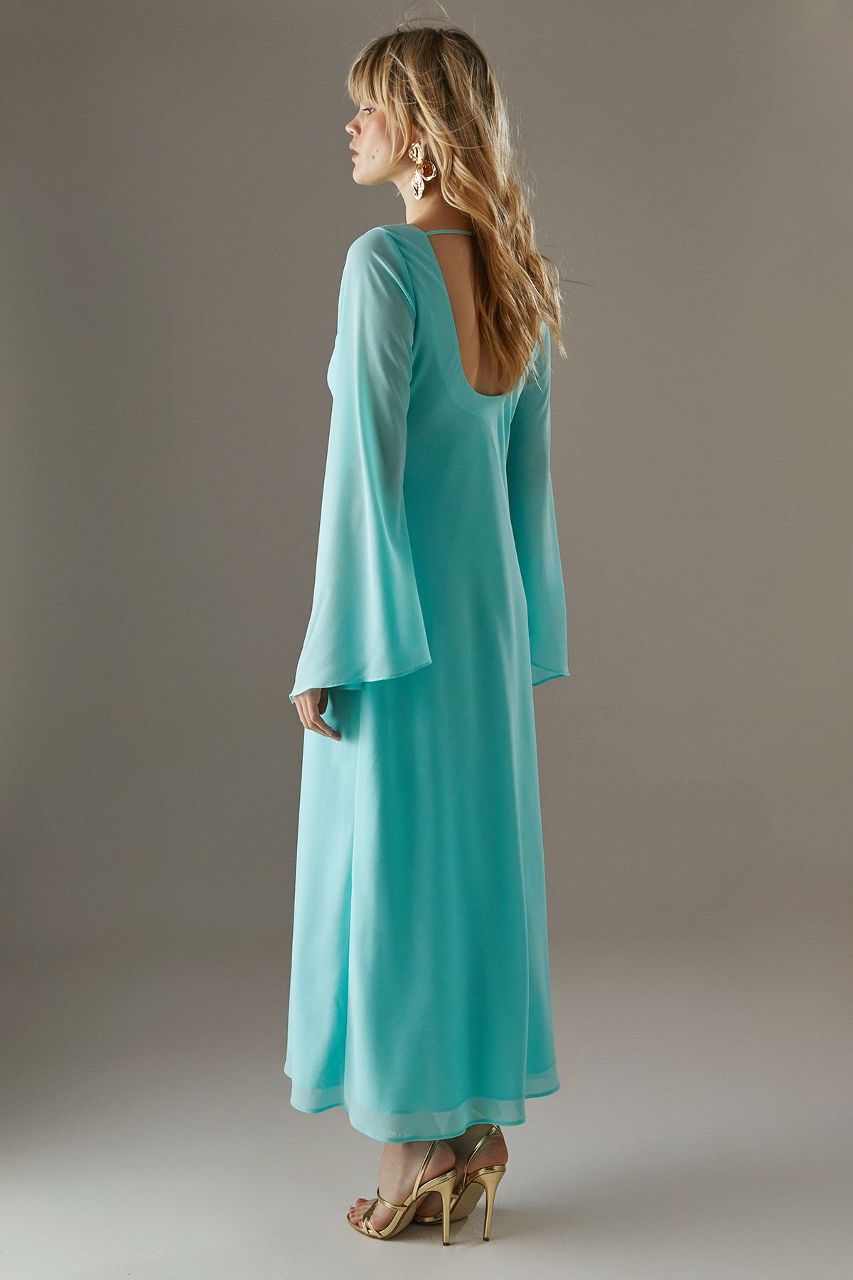 Warehouse Warehouse Women's Column Low Back Maxi With Flared Sleeve in Aqua - 3