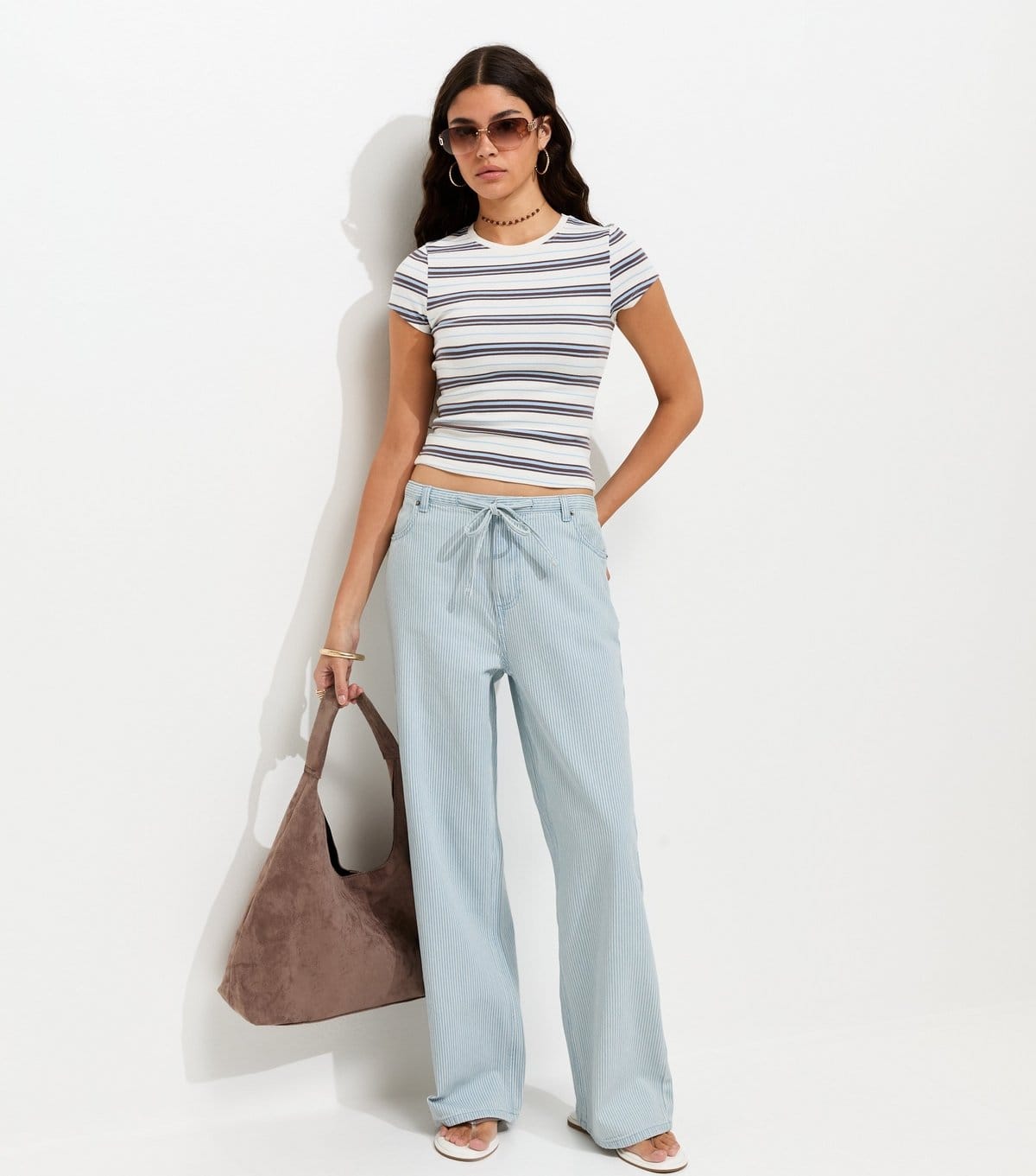New Look White Striped Denim Wide Leg Jeans