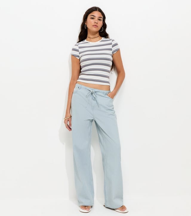 New Look Women's White Cotton Striped Denim Tie Waist Jeans New Look - 2