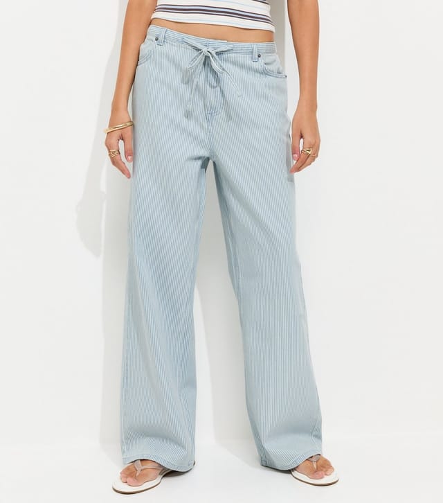 New Look Women's White Cotton Striped Denim Tie Waist Jeans New Look - 3