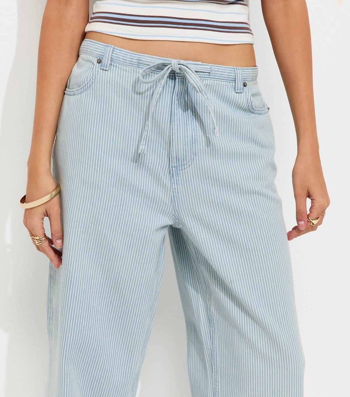 New Look Women's White Cotton Striped Denim Tie Waist Jeans New Look - 4
