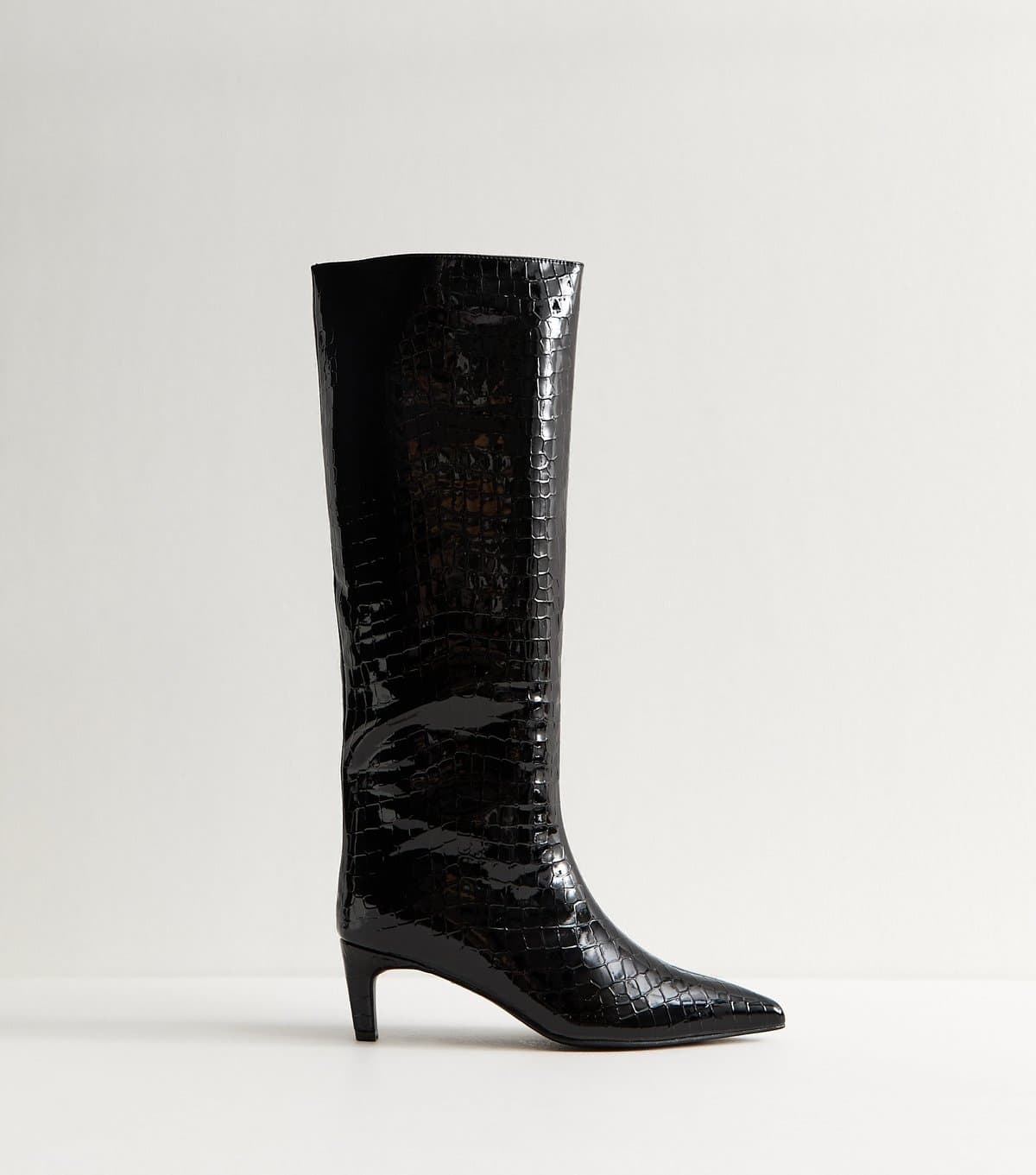 New Look Women's Black Low Heel Sleek Faux Leather Croc Knee High Boots Vegan New Look