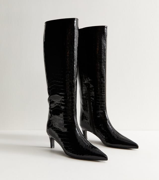 New Look Women's Black Low Heel Sleek Faux Leather Croc Knee High Boots Vegan New Look - 3
