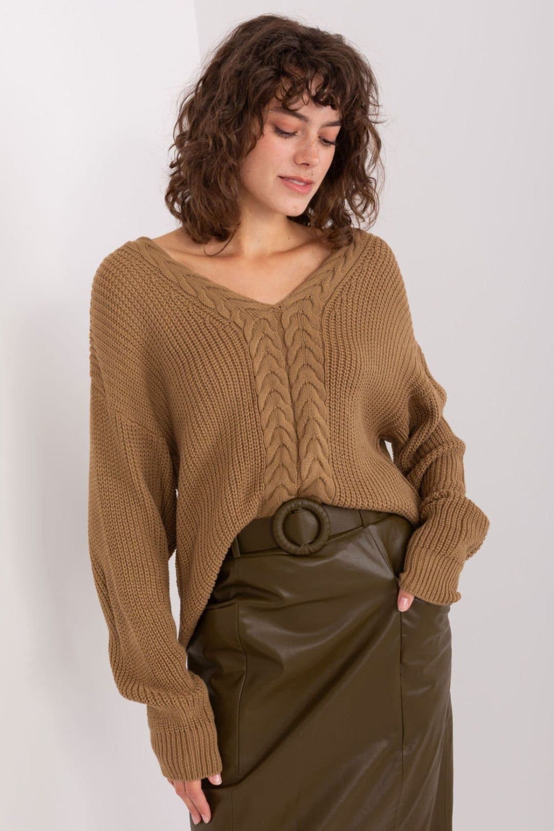Love Lace Love Lace Brown Textured V Neck Long Sleeve Jumper Sweater