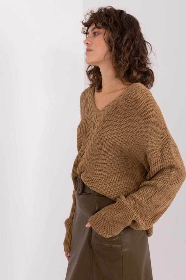 Love Lace Love Lace Women's Textured V Neck Long Sleeve Jumper Sweater in Brown - 2