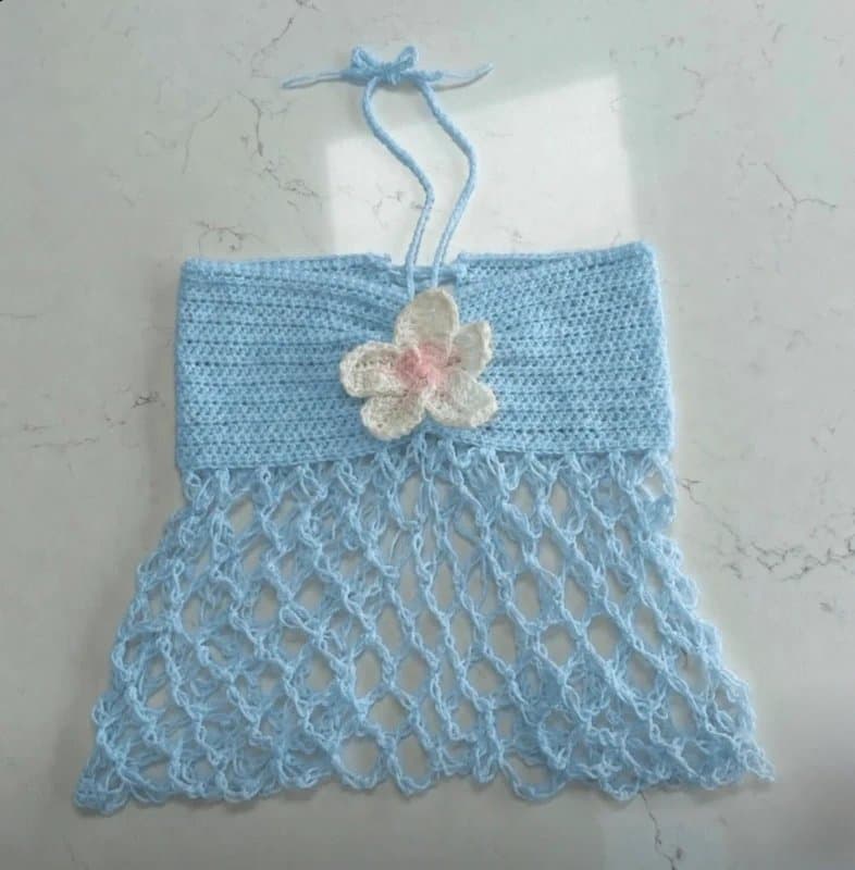 Summer Crochet Top Baby Blue Halter Neck Hibiscus Corset Summer UK 6 Beach