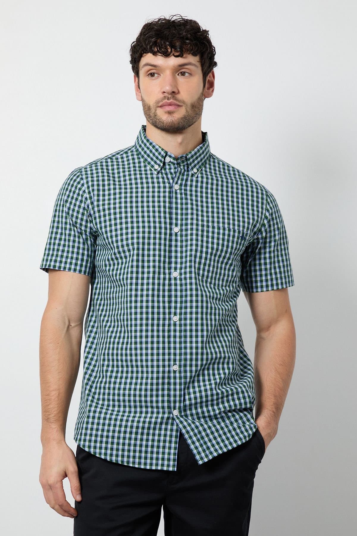 Maine Maine Men's Dark Green Gingham Short Sleeve Shirt