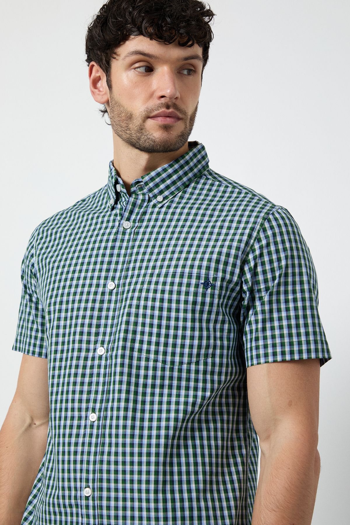 Maine Maine Men's Dark Green Gingham Short Sleeve Shirt - 4