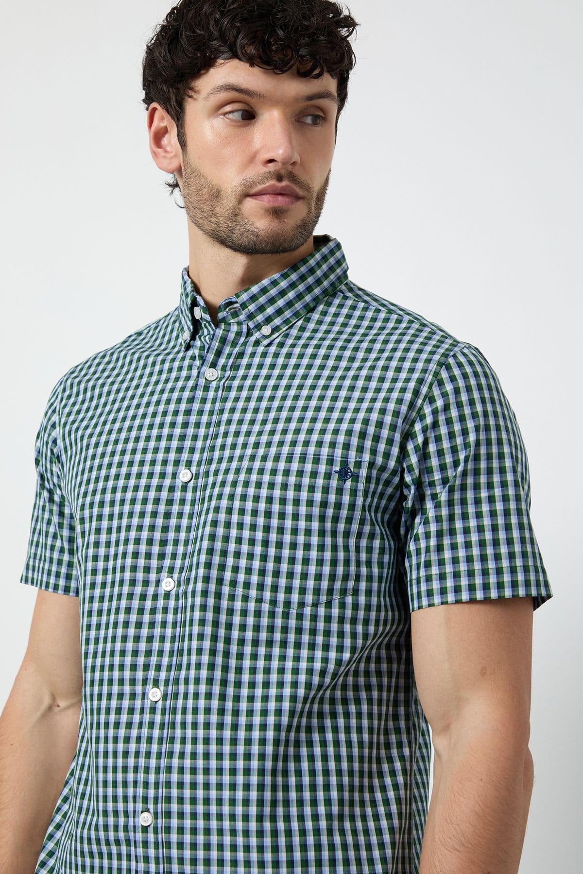 Maine Maine Men's Dark Green Gingham Short Sleeve Shirt - 4