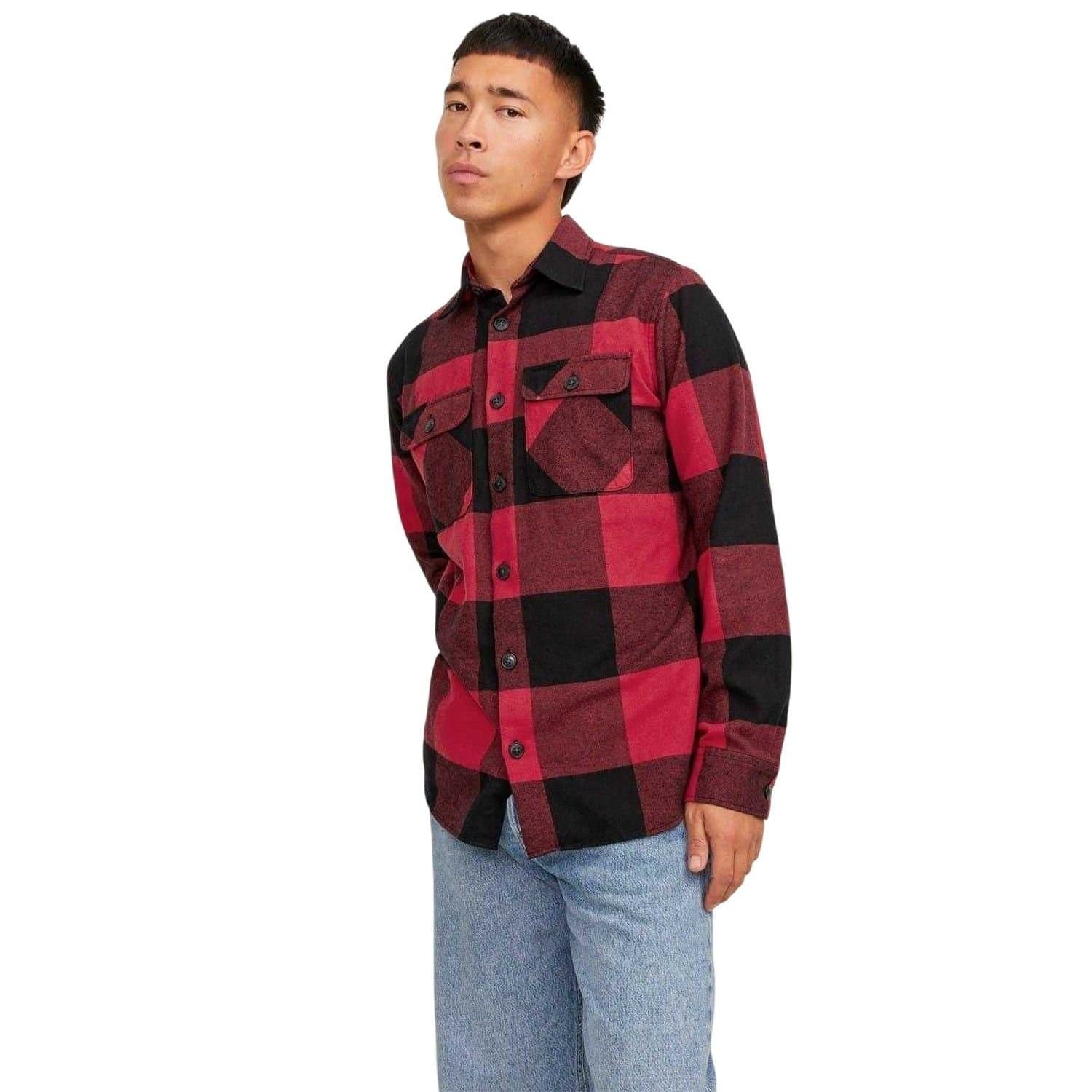 jack & jones Jack & Jones Men's Buffalo Check Flannel Long-Sleeved Overshirt in Red