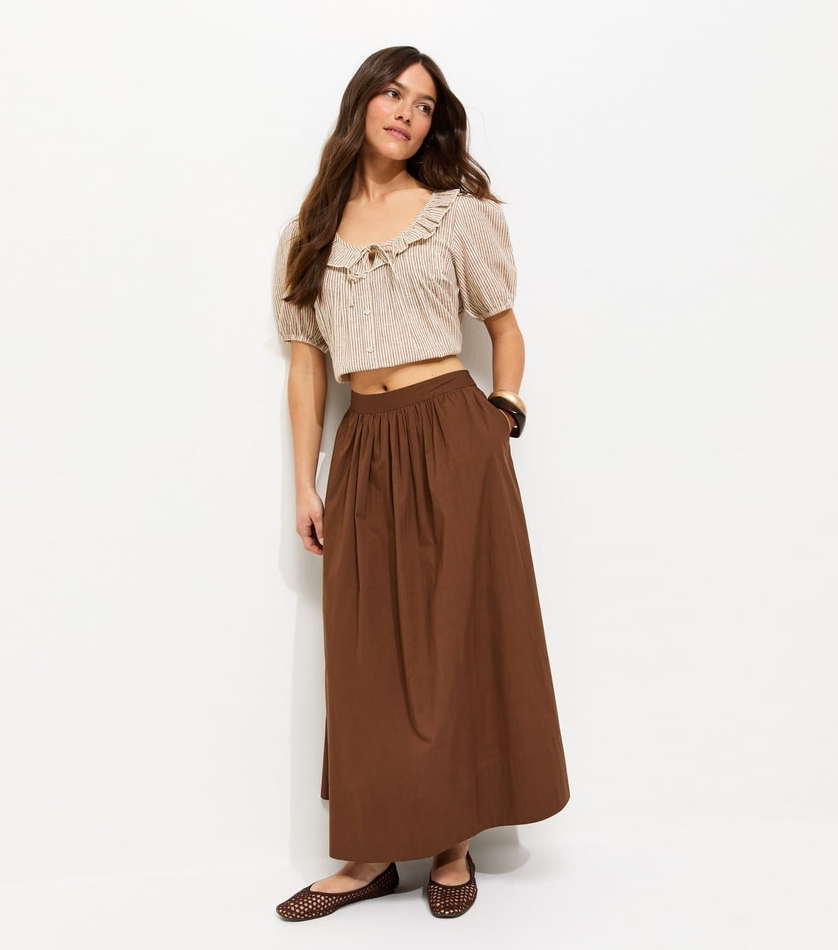 New Look Women's Petite Brown Poplin Circle Skirt New Look
