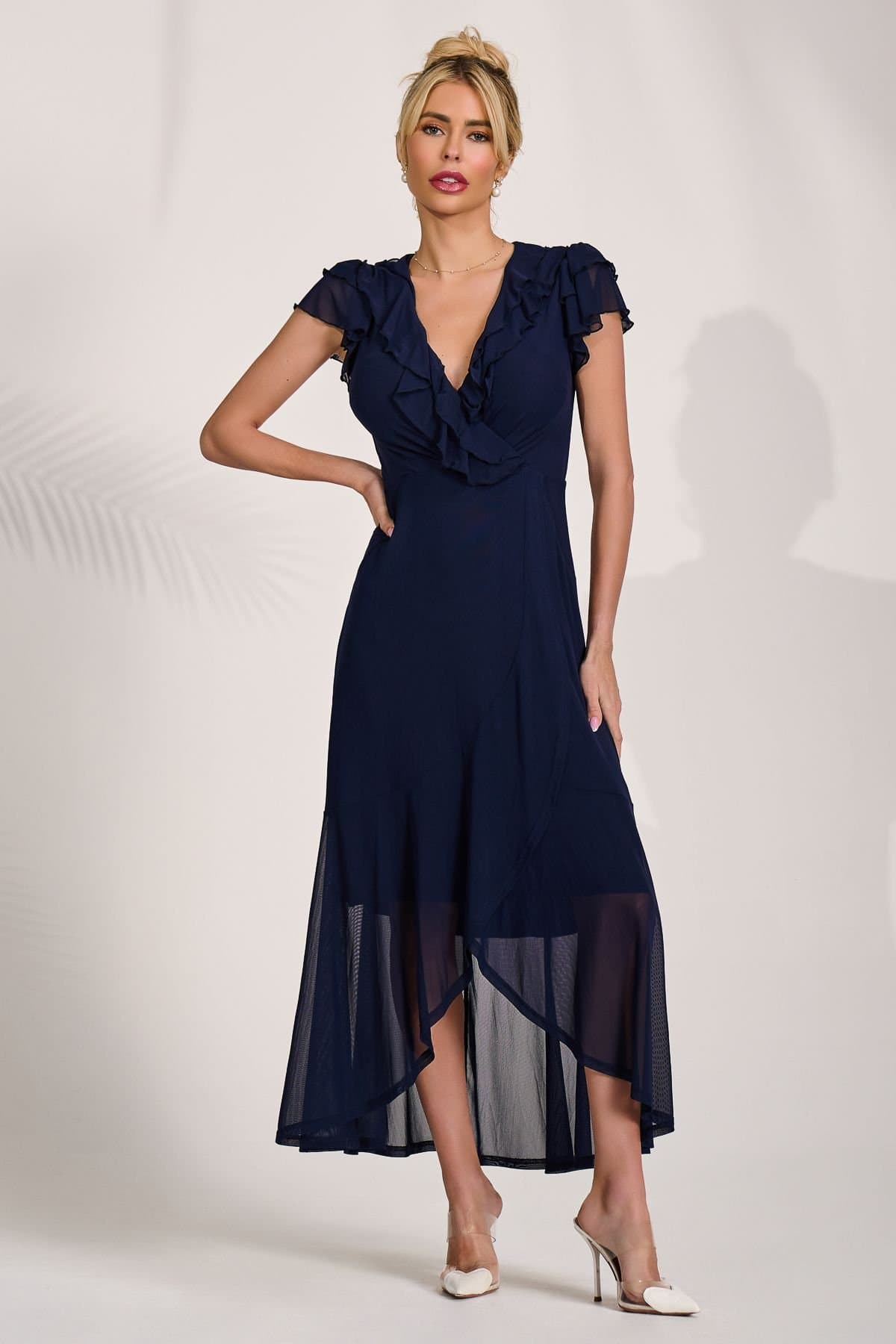 Jolie Moi Jolie Moi Women's Ruffled Mesh Maxi Dress in Navy