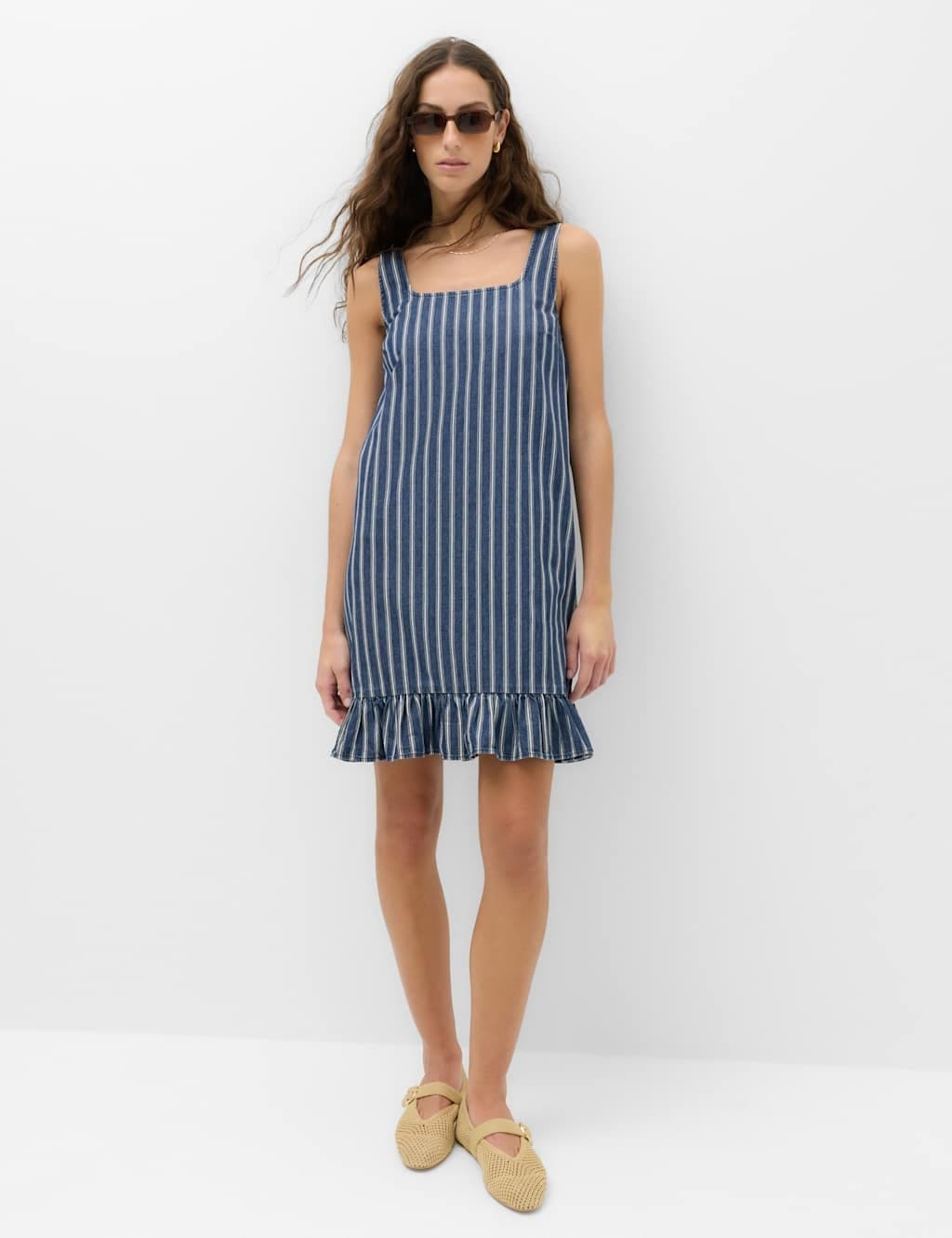 Marks & Spencer M&S Denim Striped Frill Hem Mini Shift Dress Denim