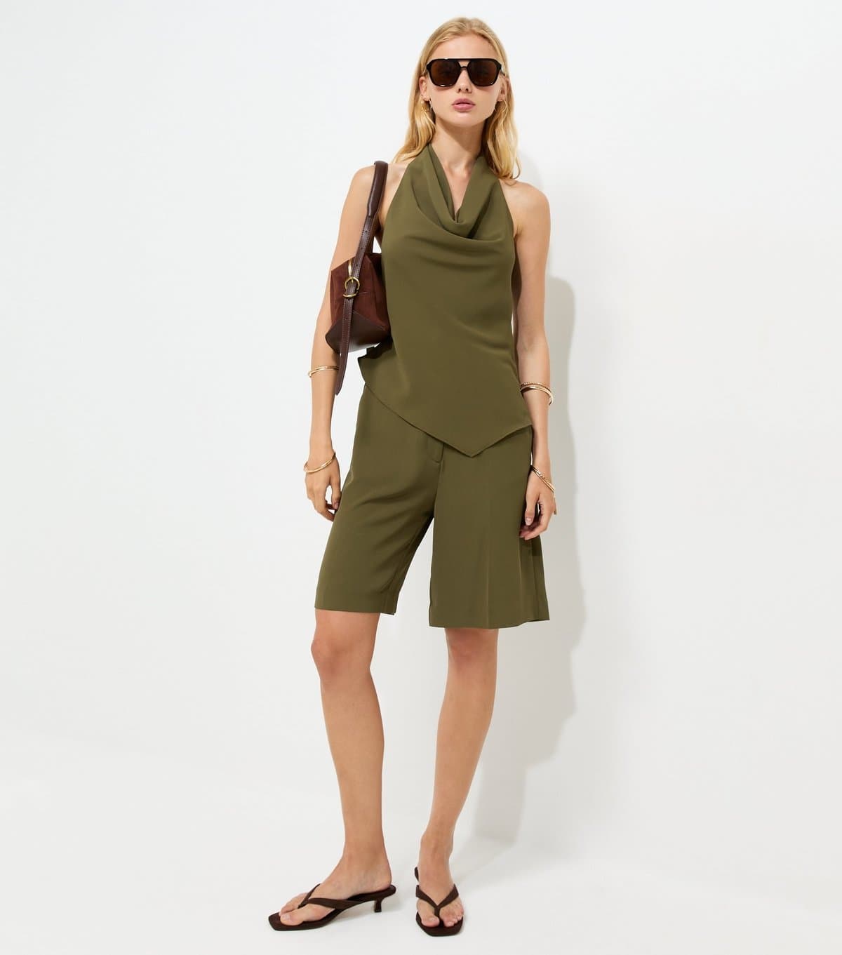 New Look Women's Dark Khaki Asymmetric Hem Cowl Halterneck Top New Look