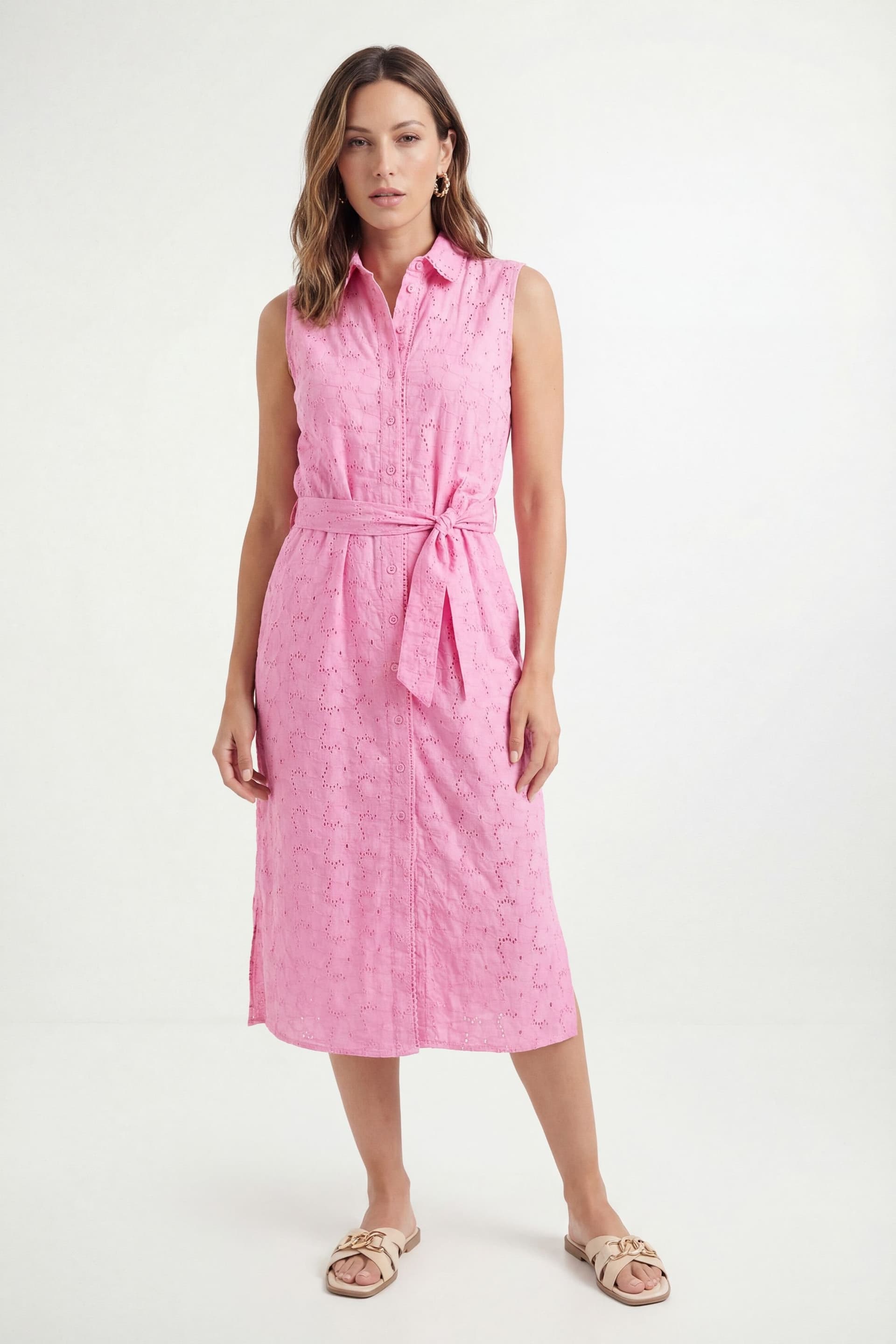 Wallis Wallis Women's Petite Summer Broderie Midi Dress in Pink