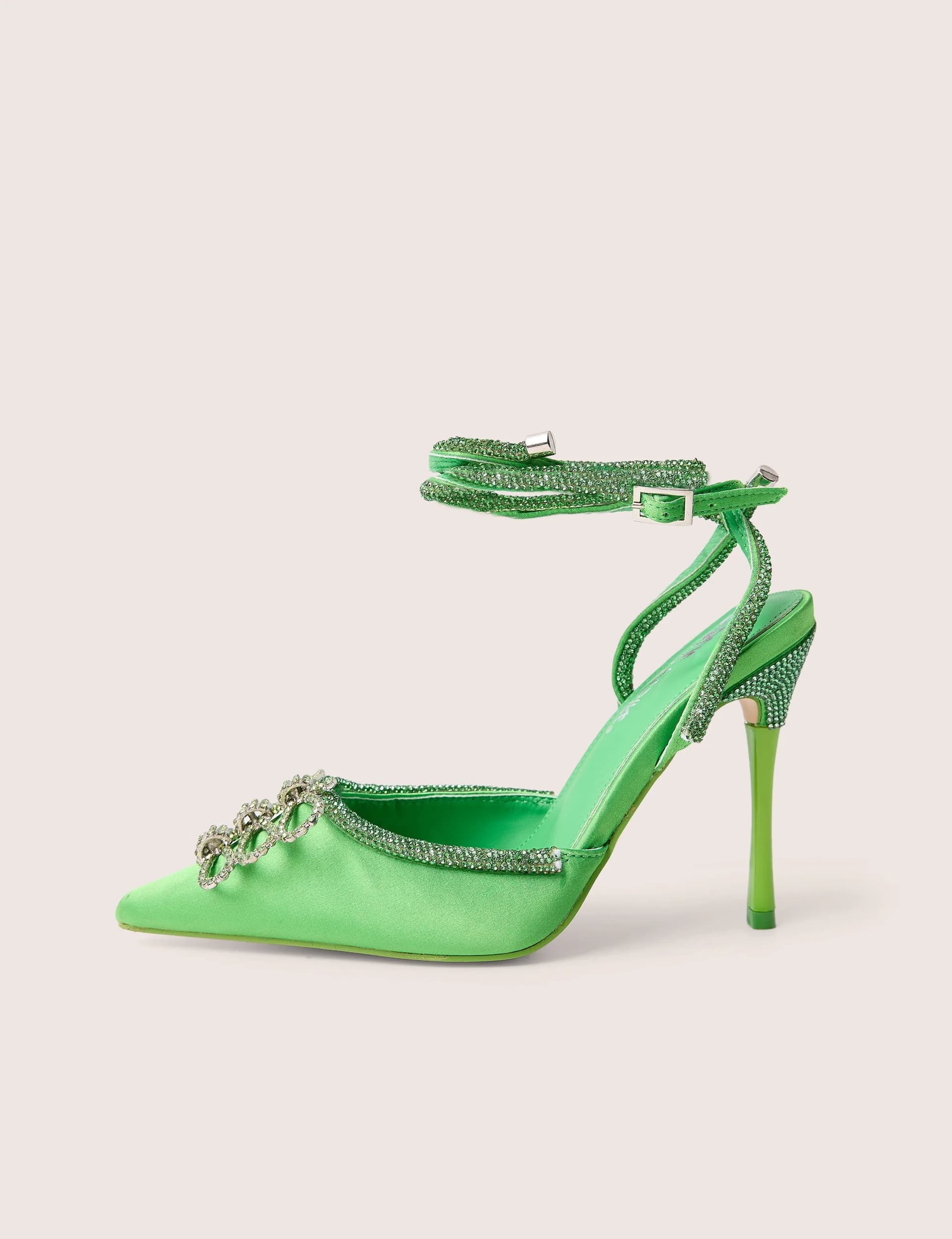 Public Desire Twilight Green Satin Bow Embellished Court Heel with Embellished Heel