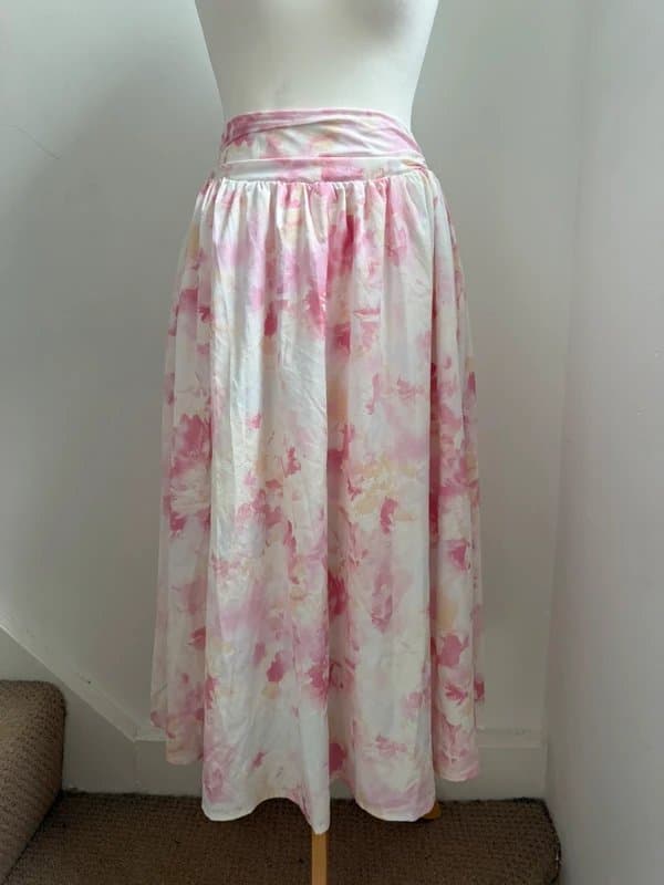Shein Pink Watercolour Floral Long Midi Skirt, Romantic Cottagecore Spring Summer - Size UK 10