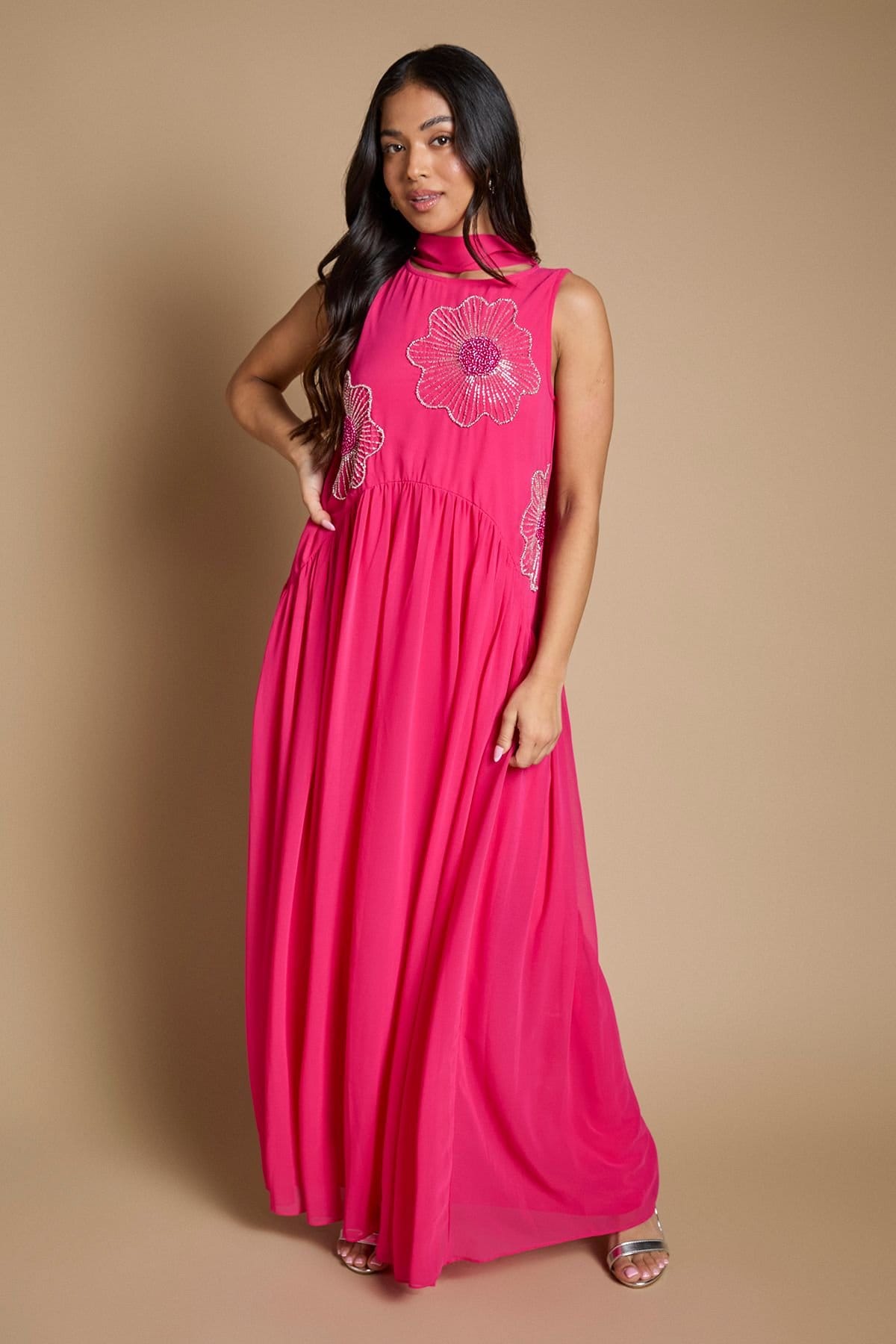 Oasis Women's Petite Hot Pink Hand-Stitched Midaxi Dress