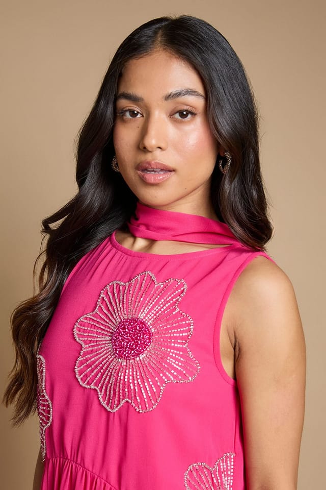 Oasis Oasis Women's Petite Scarf Detail Hand Stitched Midaxi Dress in Hot Pink - 2