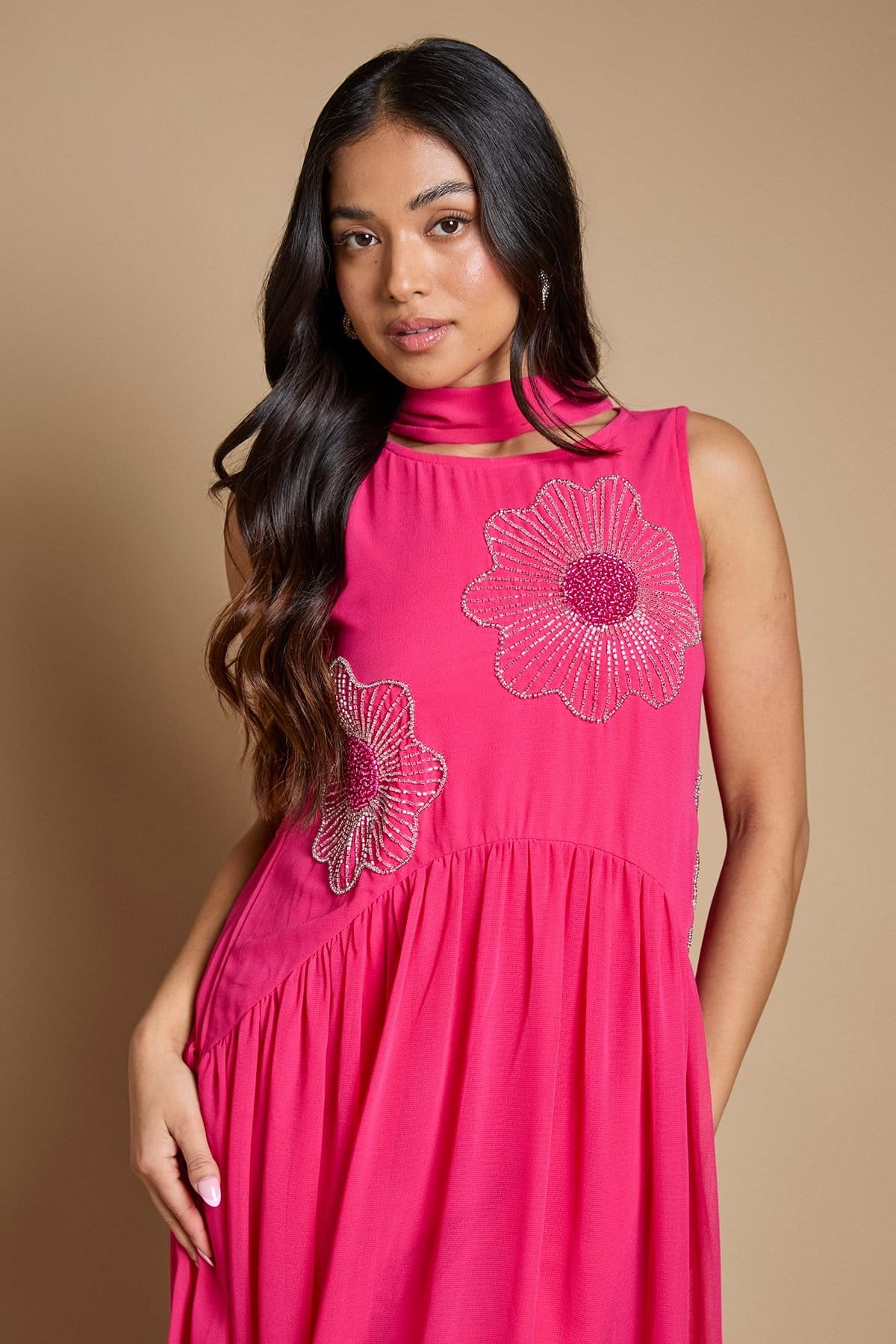Oasis Oasis Women's Petite Scarf Detail Hand Stitched Midaxi Dress in Hot Pink - 4