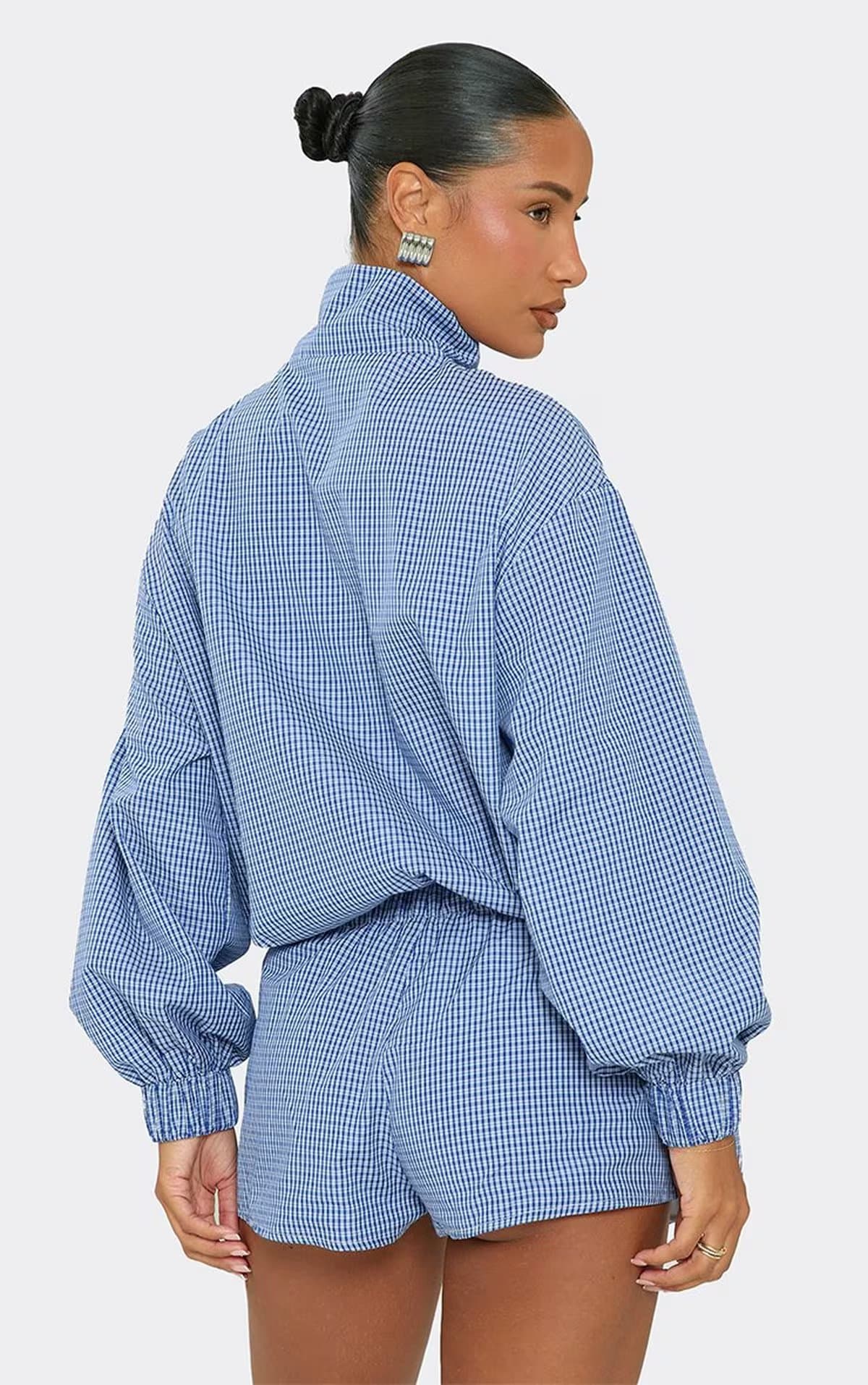 EGO Long Sleeve Funnel Neck Button Front Playsuit In Blue Check Print, Women's Size UK 6