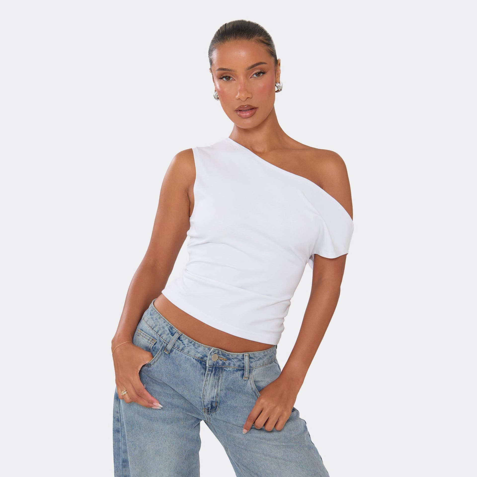 EGO EGO White Ruched Off-Shoulder Top