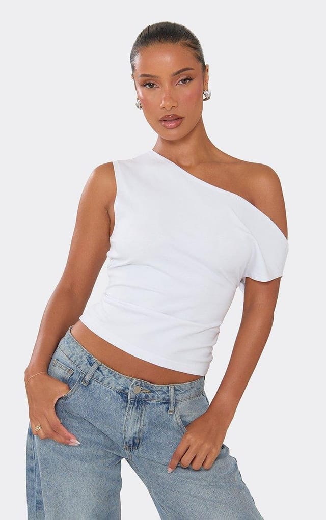 EGO Off The Shoulder Ruched Top In White, Women's Size UK 6 - 2