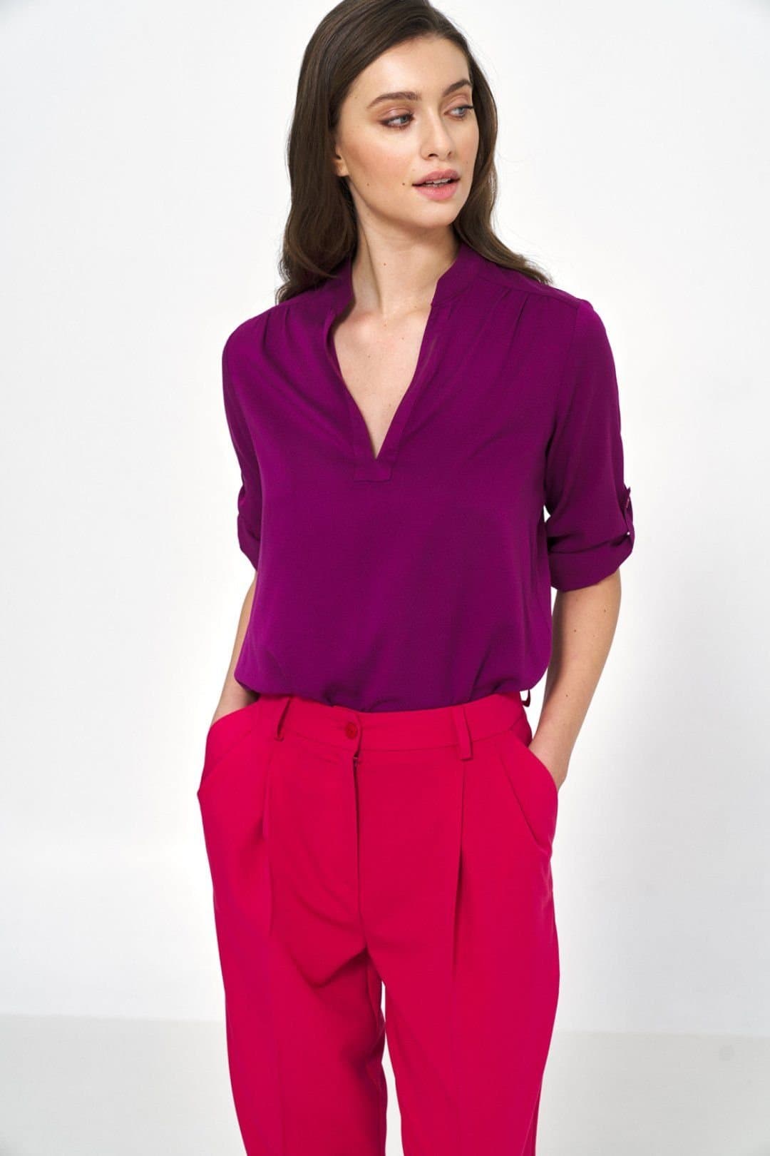 Love Lace Love Lace Women's Ruching Neckline Blouse with Rolled Sleeves in Violet