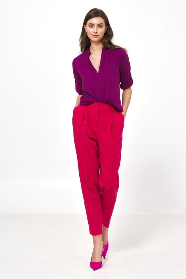 Love Lace Love Lace Women's Ruching Neckline Blouse with Rolled Sleeves in Violet - 2