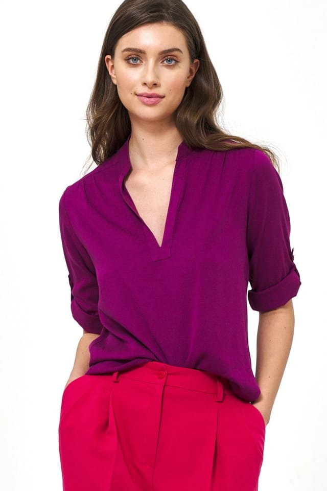 Love Lace Love Lace Women's Ruching Neckline Blouse with Rolled Sleeves in Violet - 3