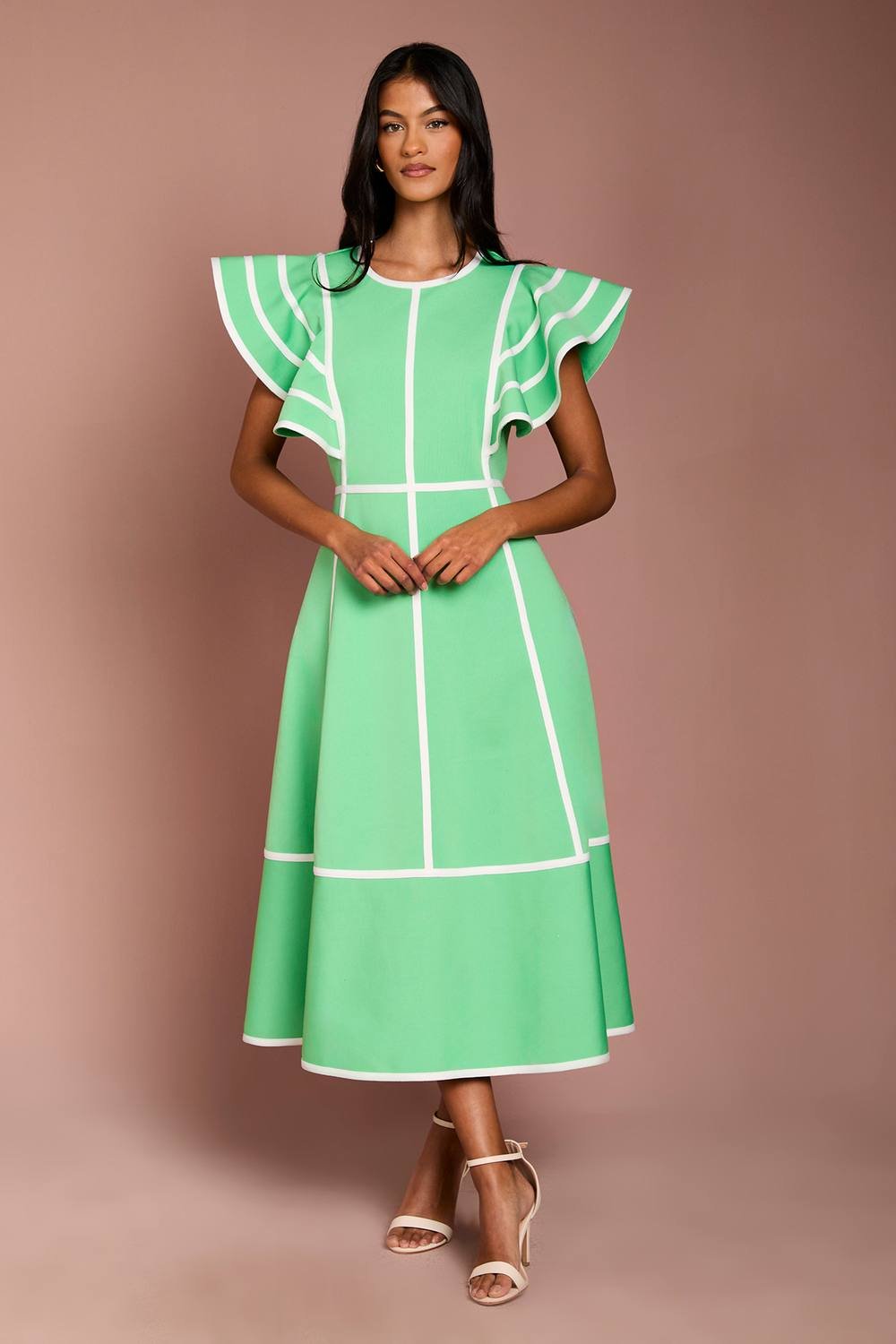 Coast Coast Women's Petite Ruffle Shoulder Piped Bandage Midi Dress in Green - 2